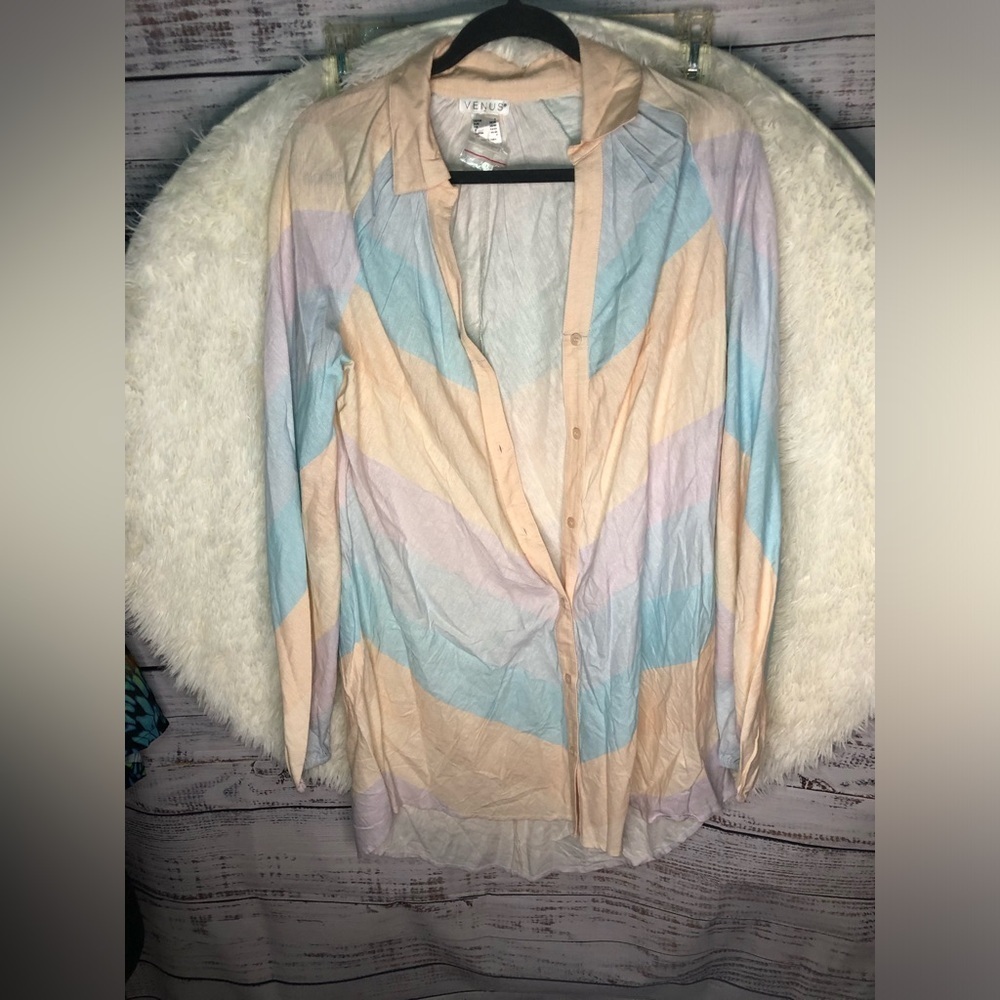 VENUS Cream Blue and Purple Linen Shirt Dress Coverup size Small NWOT - Picture 2 of 12